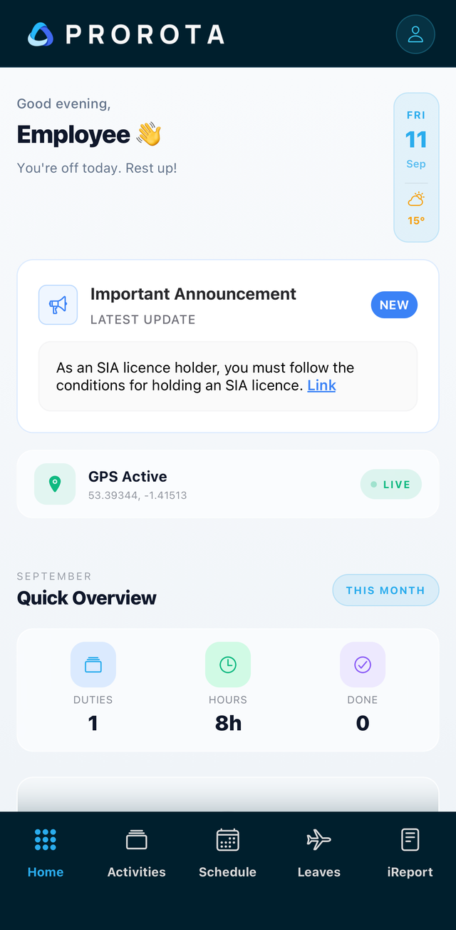 ProRota App Homescreen